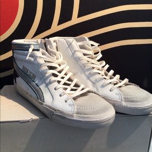 Golden goose sneakers new tags white blue stripe on the back with silver